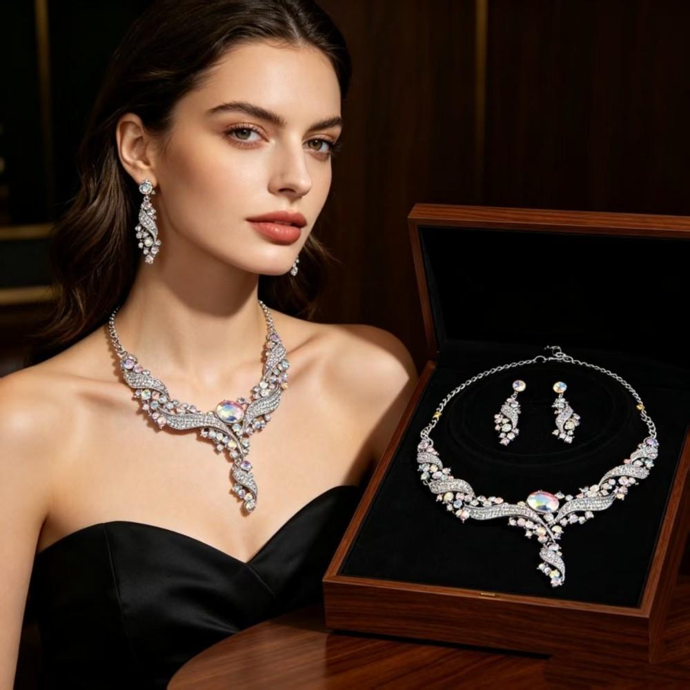 Colorful Rhinestone Necklace Earring Set Clavicle Chain Earring Set Dress Accessories