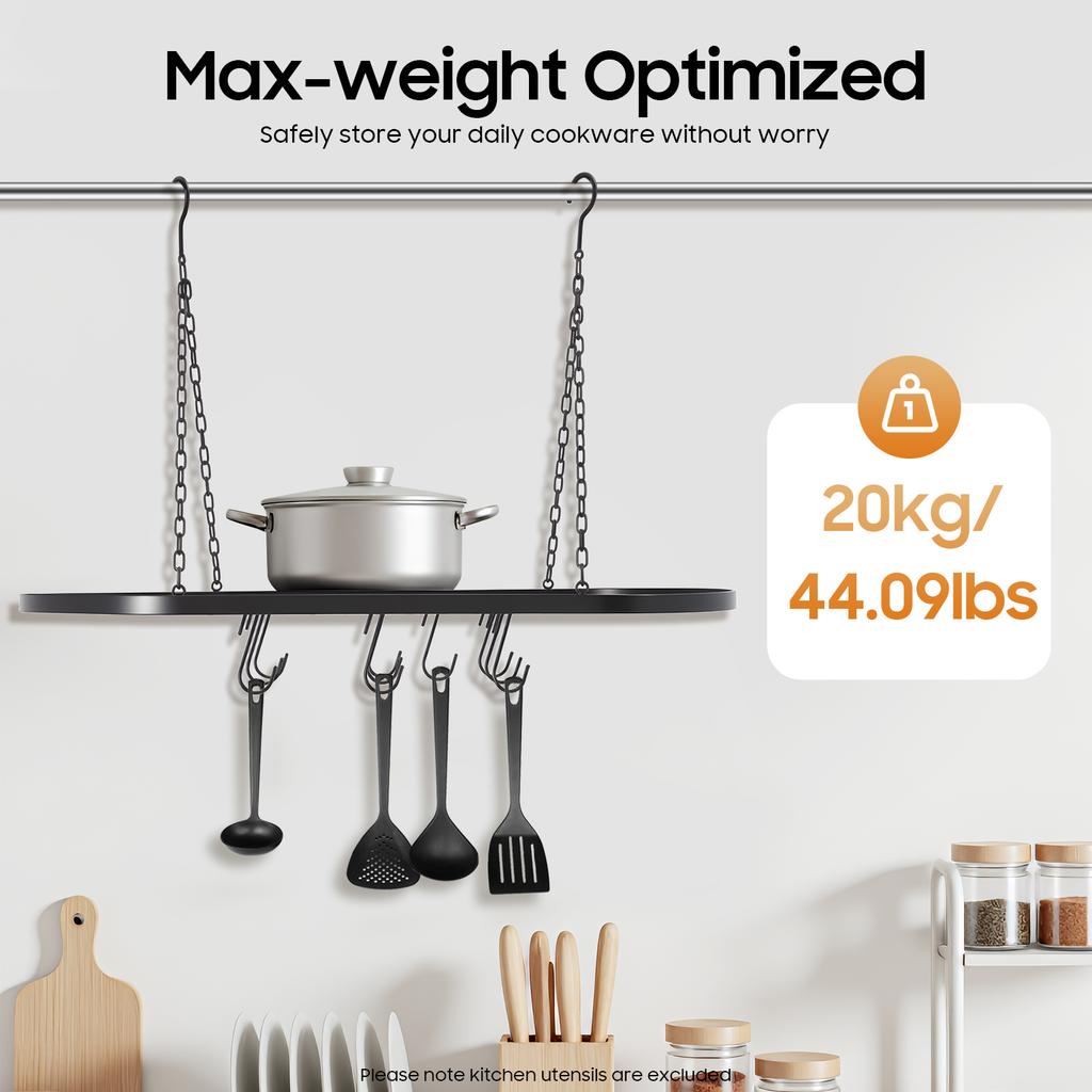 Потолочная подвесная полка 10 крючков, кухонный органайзер с сетчатой полкой, прочная железная конструкция для хранения кастрюль, сковородок, утвари, экономия места в небольшом помещении