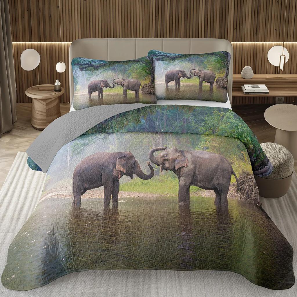 Elephant Bedspread Twin Queen King Size African Safari Animal Theme Quilt Set Jungle Wildlife Coverlet Set with 1/2 Pillowcase