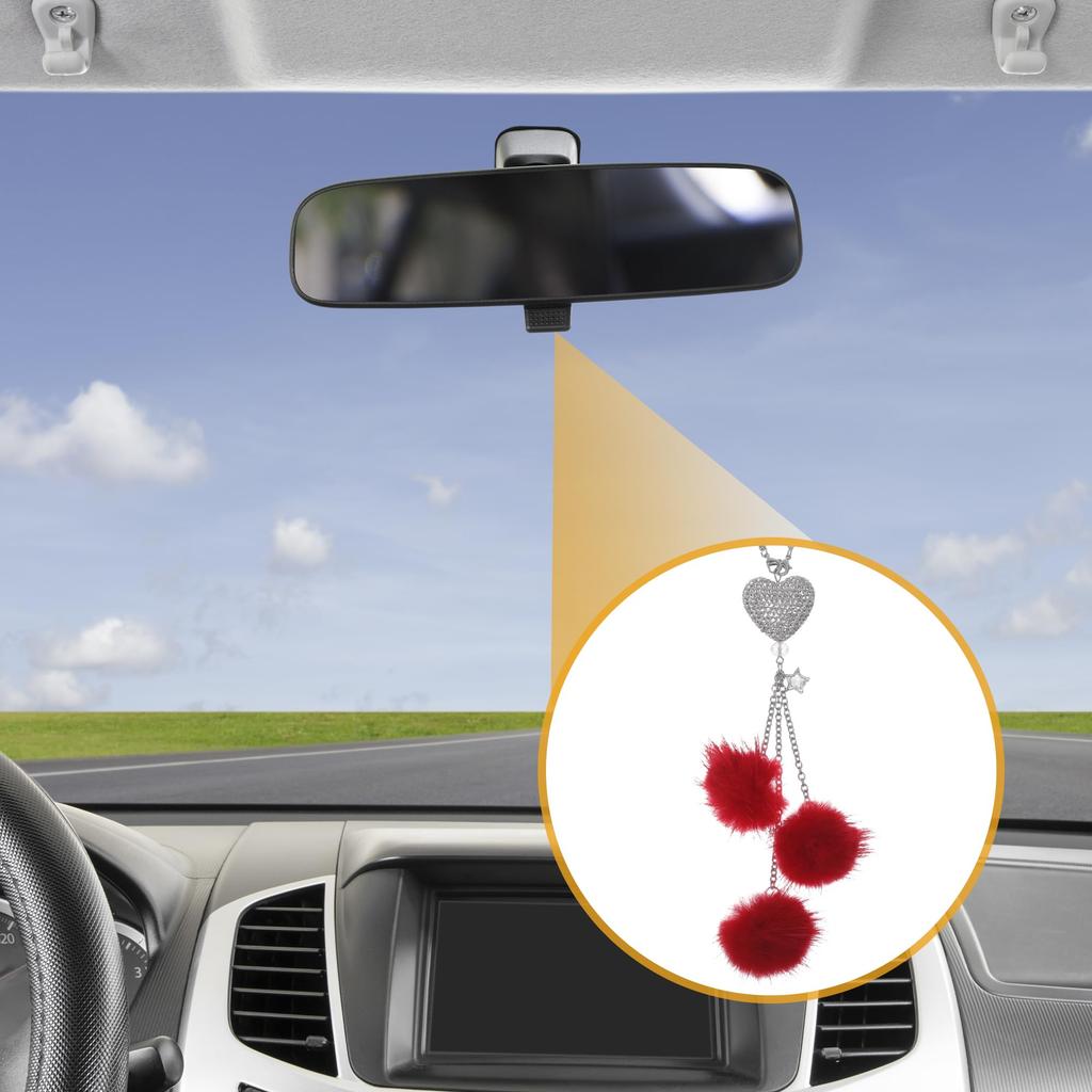 Partuto 1pcs Artificial Crystal Peach Heart Mink Hair Car Rear View Mirror Pendant Accessories Car Hanging Ornament Red
