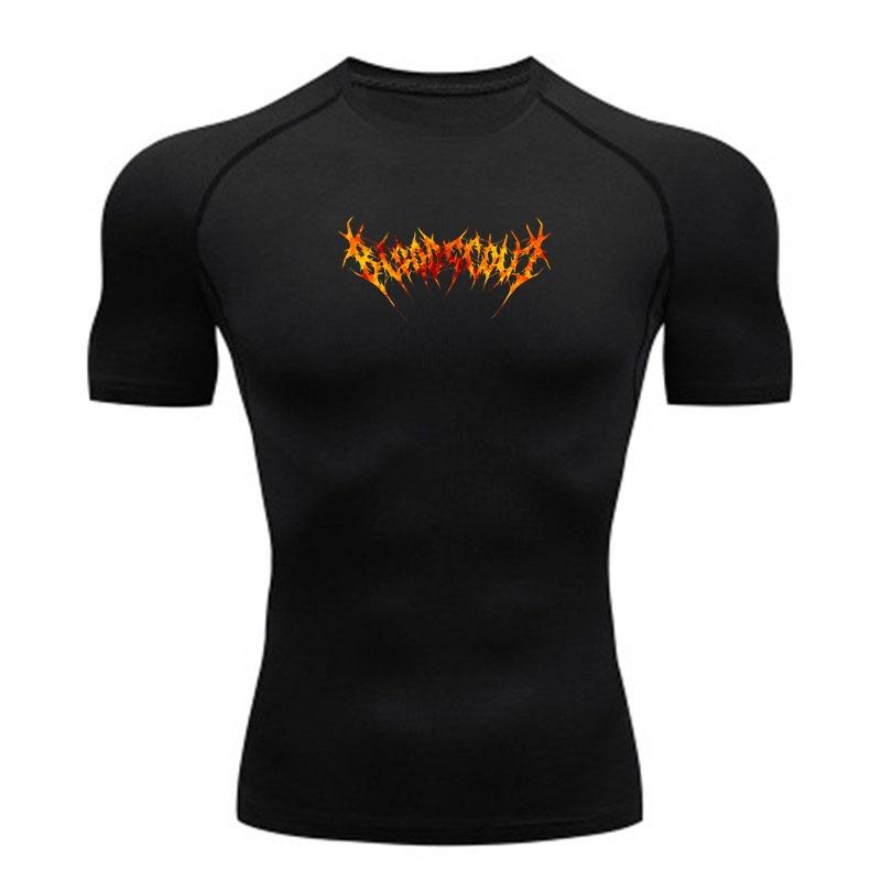 Men's Quick Dry Compression Workout T-Shirt, Spike Fire Flame Printed Athletic Top for Gym Running Training Sports Activewear