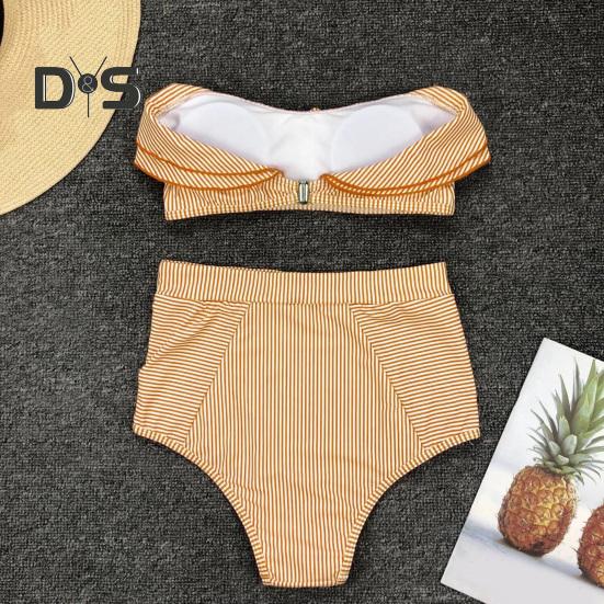 2Pcs/Set Women Bikini Set Ruffle Trim Bandeau Padded Push-Up Bra High Waisted Briefs Set Striped Print Beachwear