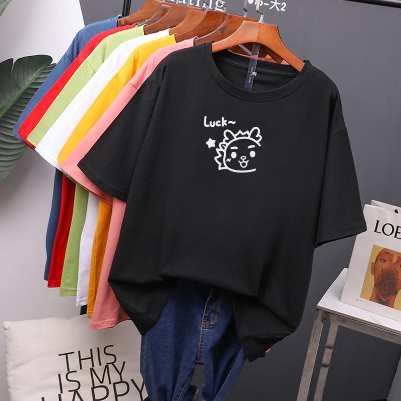 Женские хлопковые летние футболки больших размеров «Luck», милая свободная футболка с принтом, мягкий женский джемпер, топ