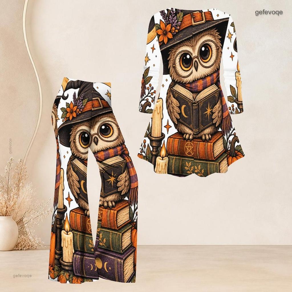 Women Plus Size Two Piece Set V Neck Three Quarter Sleeve Raccoon Pumpkin Printed Flared Top And Flared Pants