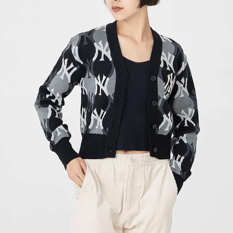 Нью-Йорк Янкис FW22 Кардиган-свитер с жаккардовым узором в виде букв Женский свитер Черный 3FKCY0124-50BKS