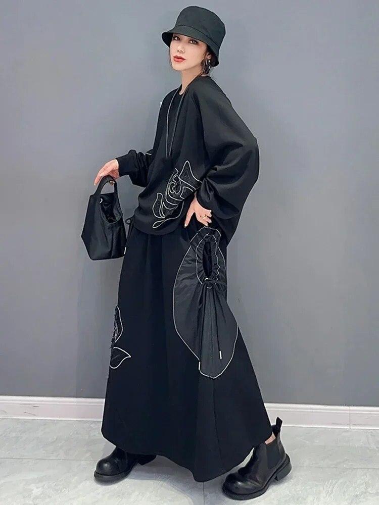 Xitao Свободные складки в стиле пэчворк, комплект из двух предметов, нерегулярная юбка, женский пуловер, топ HQQ1627