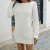 Women's Autumn and Winter Mid-length Skirt Pullover Knitted Casual Solid Color Hollow-cut Long-sleeved Sweater Dress