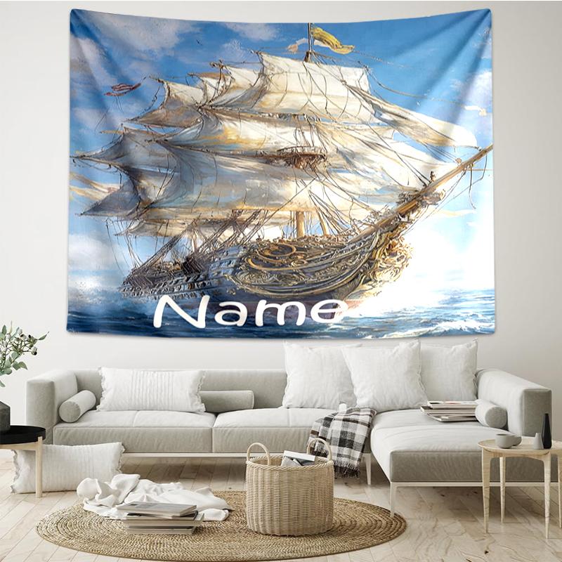 Custom Name sailboat Print Tapestry, Backdrop, Easy Setup, Ideal for Bedroom, Office & Living Room, with Aesthetic Wall Hanging Decor.