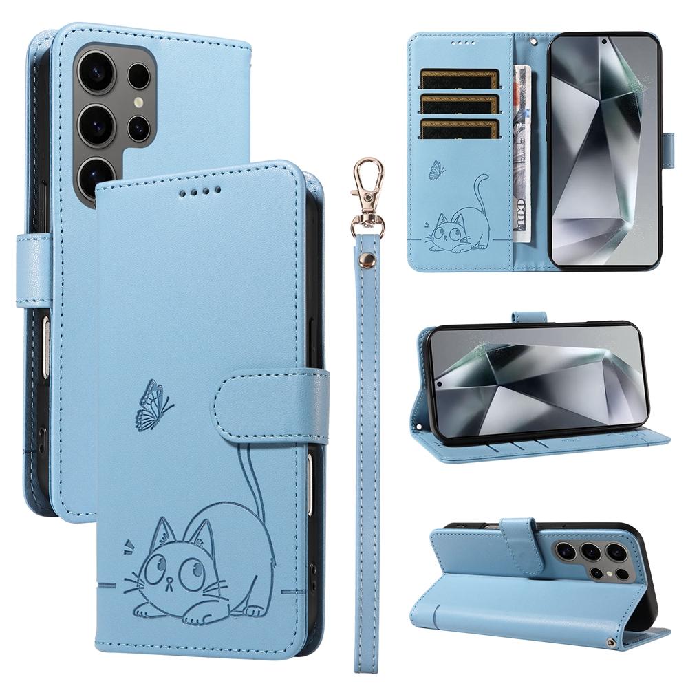 Magnetic Leather Wallet Flip Case for Samsung Galaxy S25 S24 S23 S22 S21 S20 Plus Ultra FE | Cat & Butterfly Embossed Design