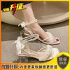 Mesh High Heels Women's Summer 2025 New Medium Heel Thick Heel Crystal Heel Pearl Ribbon Fairy Style Roman Sandals
