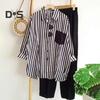 2 шт./компл., женская рубашка и брюки, комплект соответствия цветов, полосатый нагрудный карман с принтом, однобортная блузка с длинными рукавами и лацканами, свободные брюки с эластичной резинкой на талии
