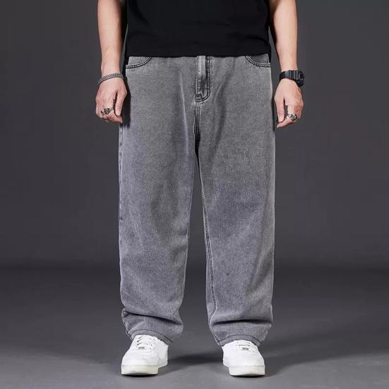 Мужские джинсы с высокой талией, однотонные сплайсированные джинсовые брюки с карманами, прямые, широкие, длинные брюки для повседневной носки