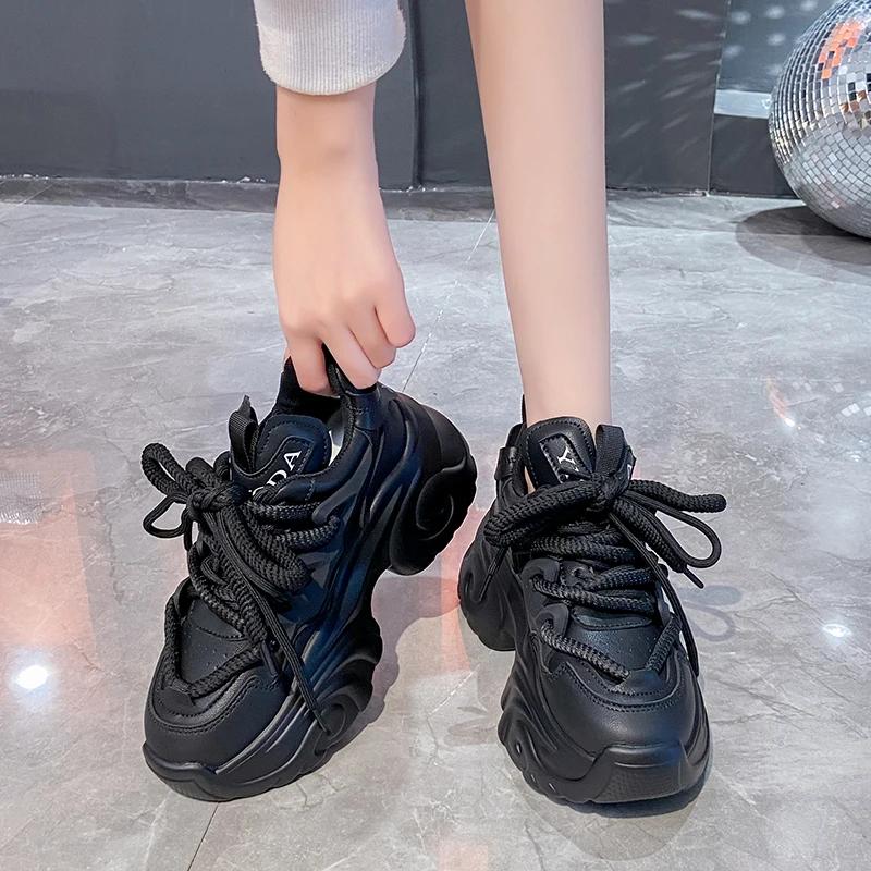 Высококачественные весенние женские кроссовки на платформе, массивная обувь, спортивная вулканизированная обувь, женская повседневная обувь, 8 см, осенняя толстая кожа