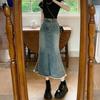 Vintage Raw Edge Cowboy Fishtail Skirt Women Summer Mid-length High Waist Package Hip A-line Half-body Comfortable Fashion Denim Bustier Skirt