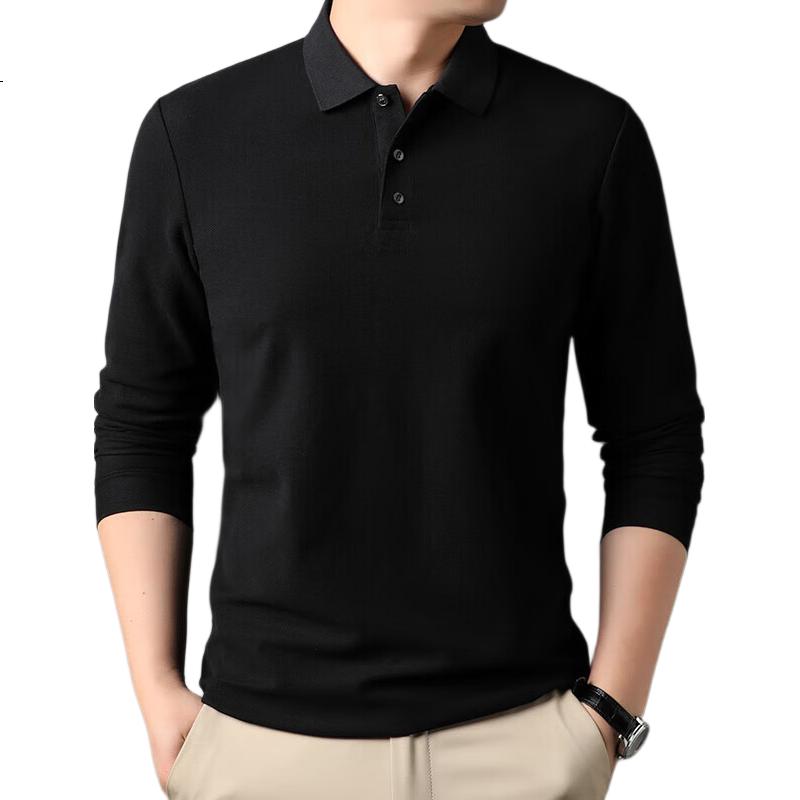 ROMON Men's Long Sleeve Polo Collar Solid Color T-Shirt Black 2XL
