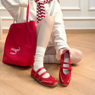 Кожа красная сетка легкий рот двойной ремень балетки женские ретро внутренняя высота увеличение универсальная мода туфли Мэри Джейн дети