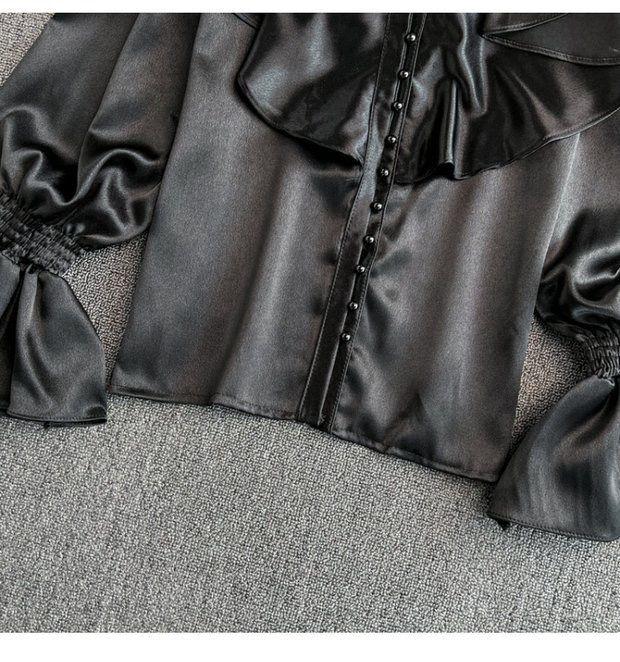 Винтажные однотонные блузки Женские Элегантный ацетатный сатин Воротник-стойка Дизайн рукавов-клеш Новые Шикарные Милые Свободные оборки Женские Топы