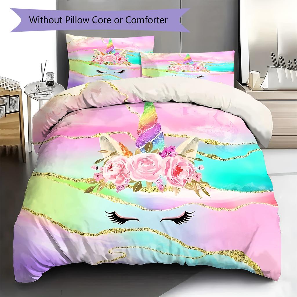 Colorful Uni-horse Pattern Bedding Quilt Set Quilt Cover Pillowcase Home Decoration Gift (1 * duvet cover + 2 * pillowcase, without core)