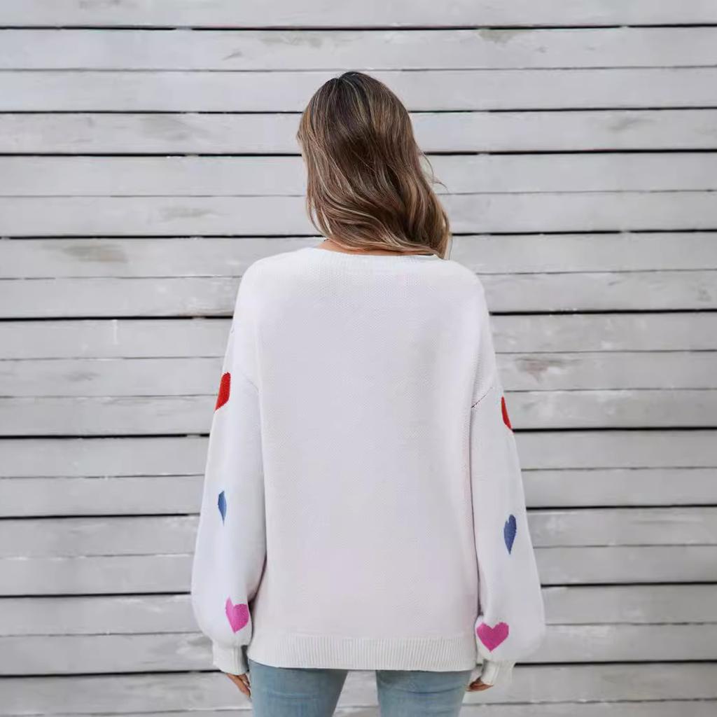 Winter Women's Sweater Love Valentine's Day Round Neck Pullover Peach Heart Sweater