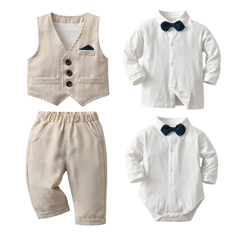 Одежда для джентльменов для маленьких мальчиков, рубашка для вечеринки по случаю дня рождения, топ с галстуком-бабочкой, жилет, брюки, костюм