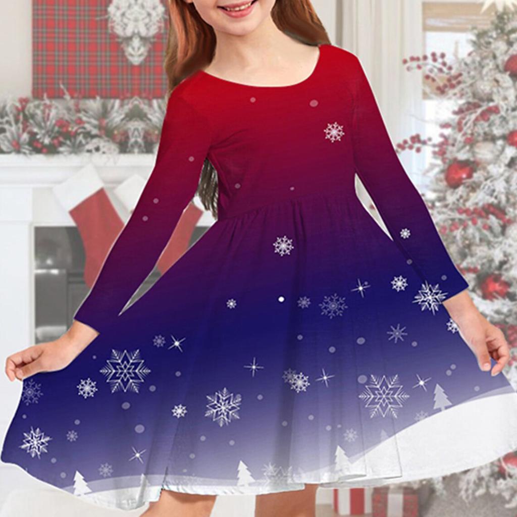 Весеннее повседневное платье принцессы с объемным синим нотом для девочек и принтом снежинок, круглым вырезом и длинными рукавами, детское платье принцессы на Рождество