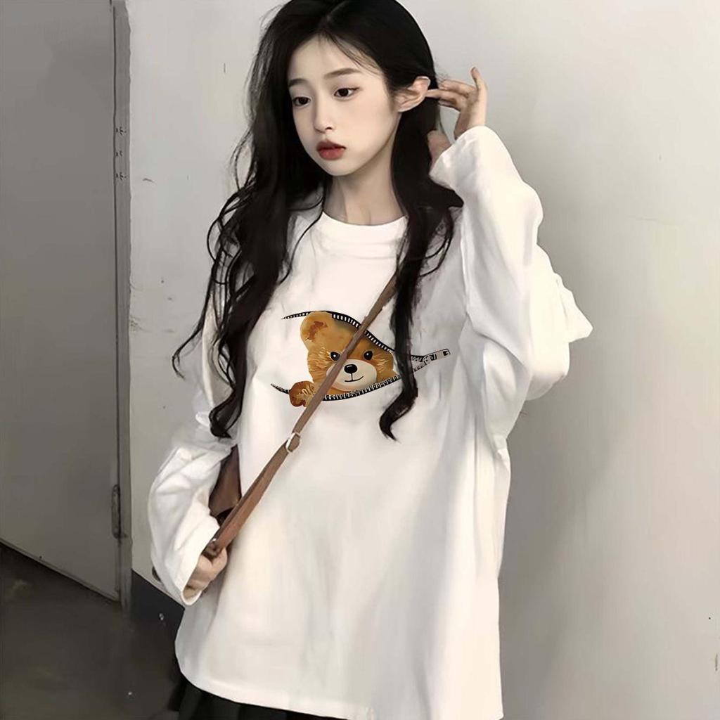 Женский универсальный хлопковый топ с длинным рукавом и круглым вырезом с принтом - Свободный крой для весны и осени 2025