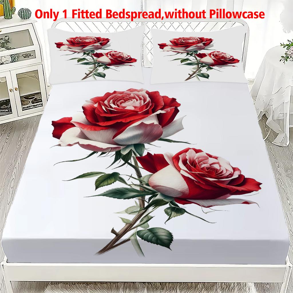 1pc White Red Rose 3D Printed Fitted Sheet 100% Polyester Durable Bedding Set Sheet for Home Bedroom Decoration Birthday Gift
