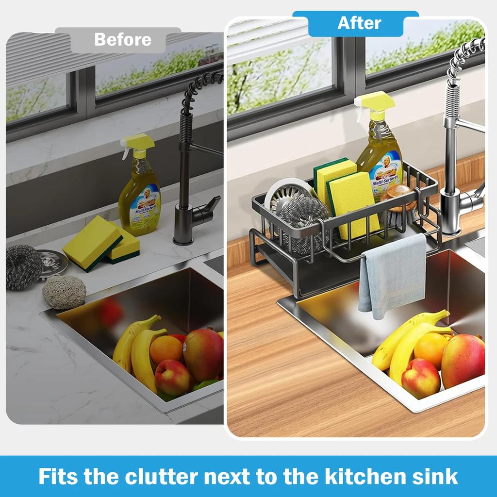 Leeseph Sponge Holder for Kitchen Sink Self-Drainage Kitchen Sink Caddy Rustproof Steel Dish Sponge Organizer Brush Holder