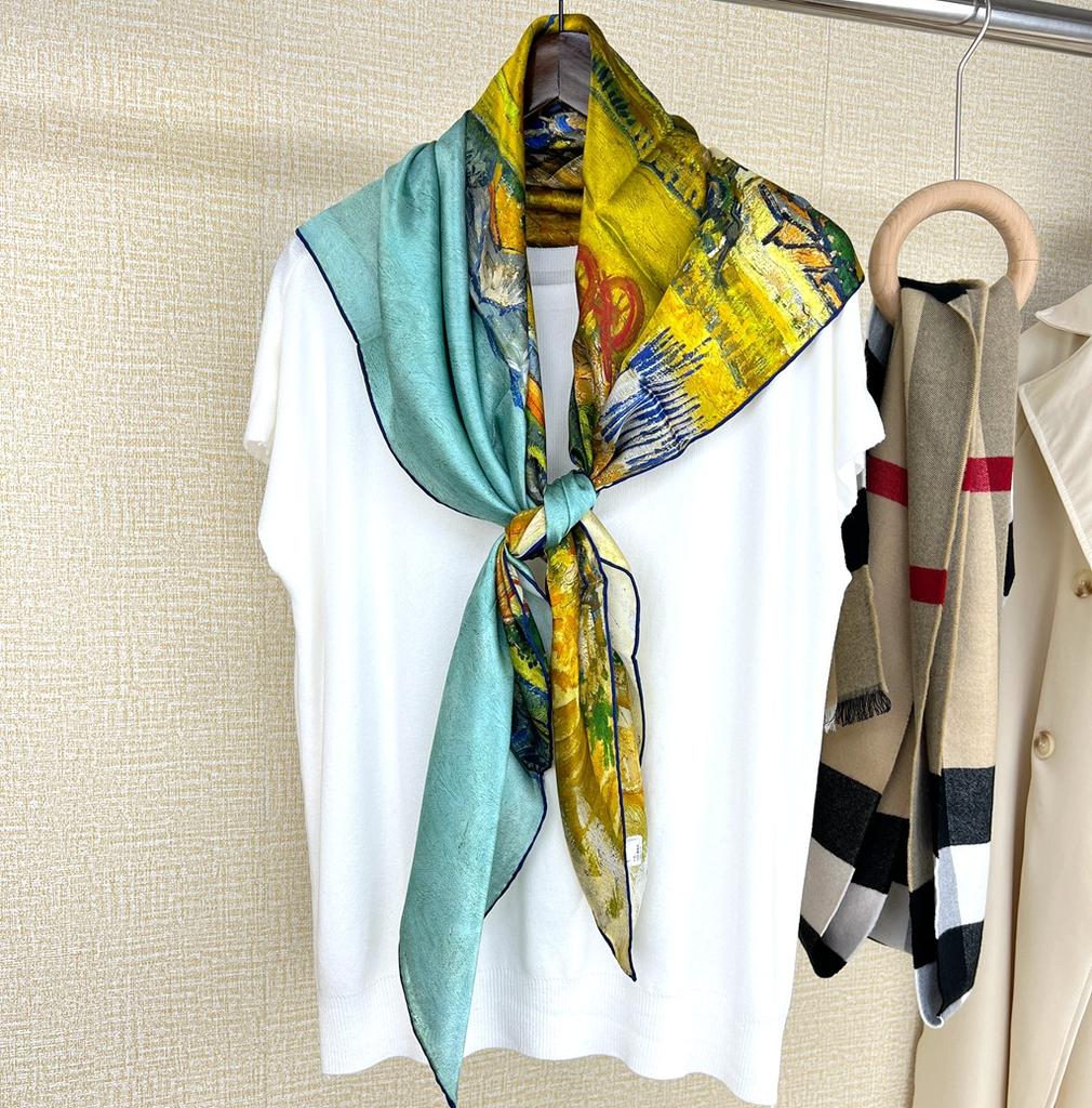 Pastoral Oil Painting Series Yellow-Green Silk Gifts Silk Silk Scarves Mulberry Silk Travel Shawl Scarf Dual-Purpose