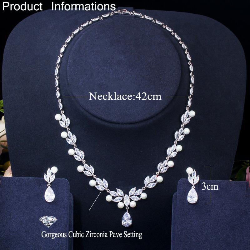 CMM Cubic Zirconia Paved Leaf Flower Drop Artificial Pearl Party Necklace Earrings Jewelry Sets for Women