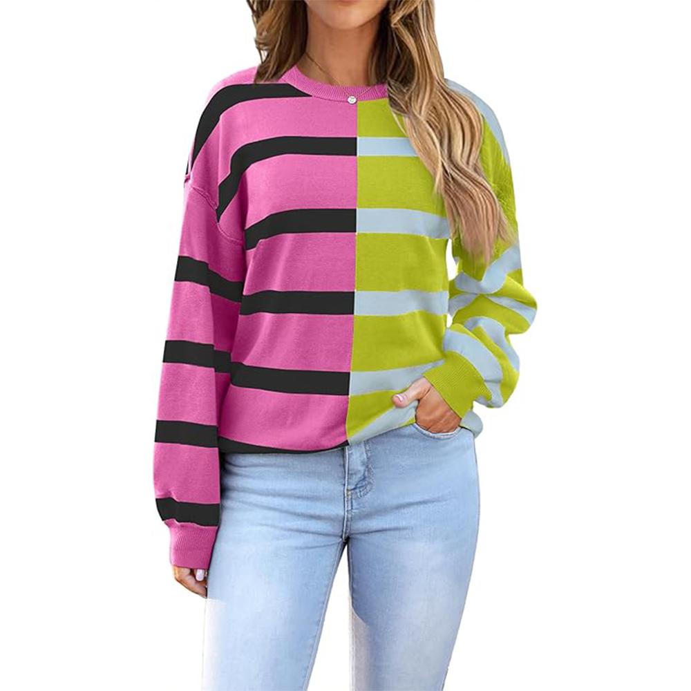 Женский полосатый свитер оверсайз 2025 с круглым вырезом и длинным рукавом, трикотажный свободный свитер с цветными блоками, повседневный топ