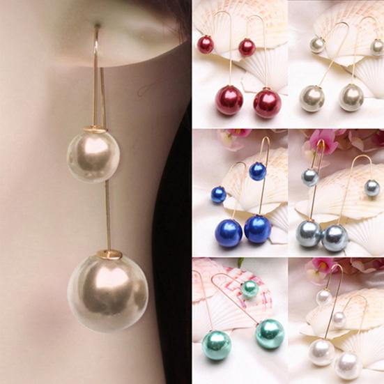 Earrings U-Shaped Double Sided Faux Pearl Gold Plated Ear Dangle Jewelry