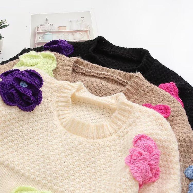 Новый трехмерный цветочный вязаный женский свитер для женщин, новый свободный, томный, ленивый, ветер, иностранный, сладкий, женский свитер