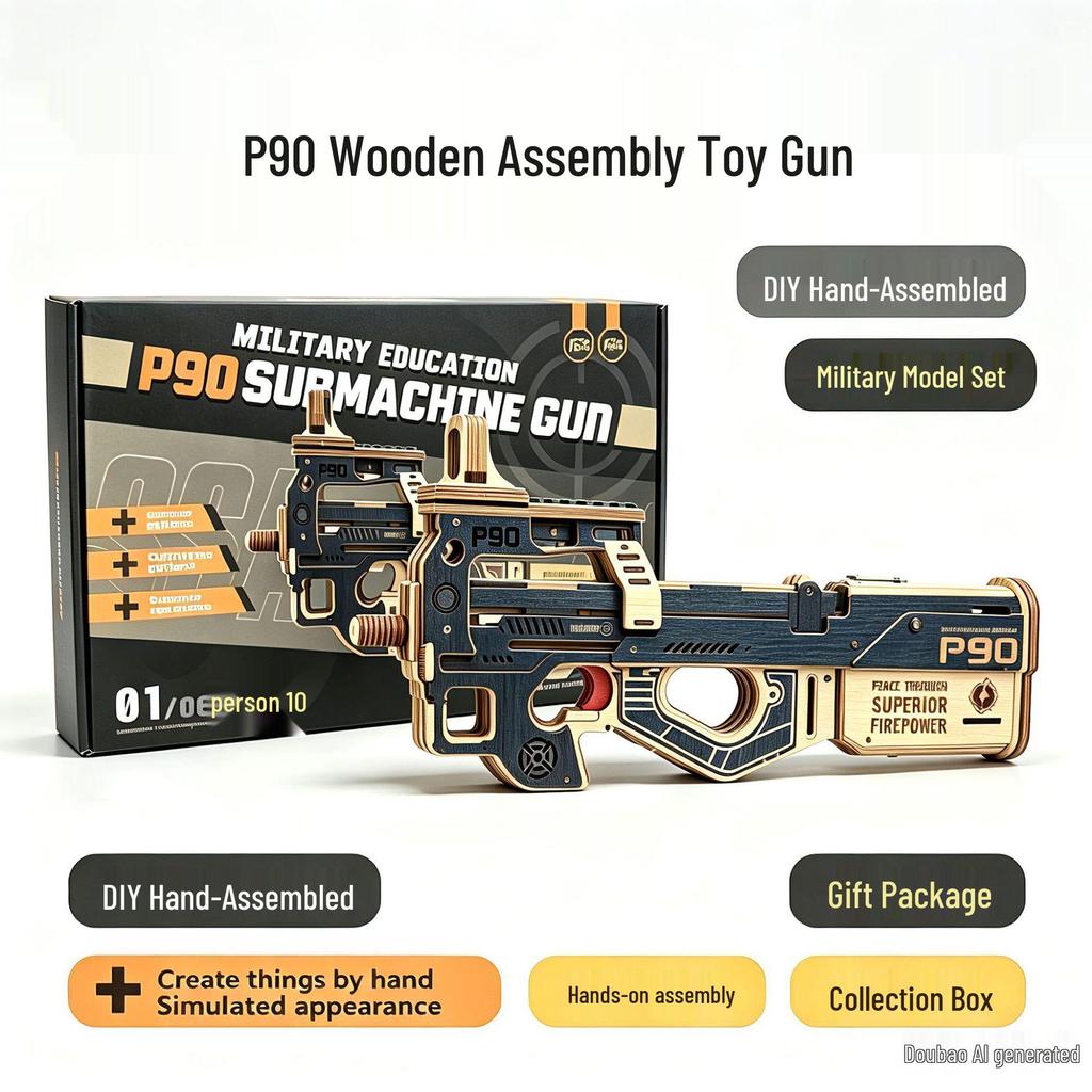 P90 DIY Rubber Band Wooden Toy Gun Model - Educational Science Puzzle for Boys