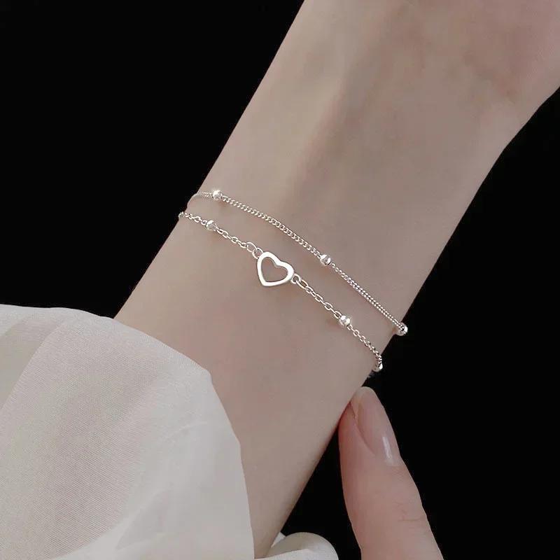 925 Sterling Silver Double Love Heart Hollow Round Beads Bracelet Female Fashion Romantic Jewelry Classic Adjustable Gifts