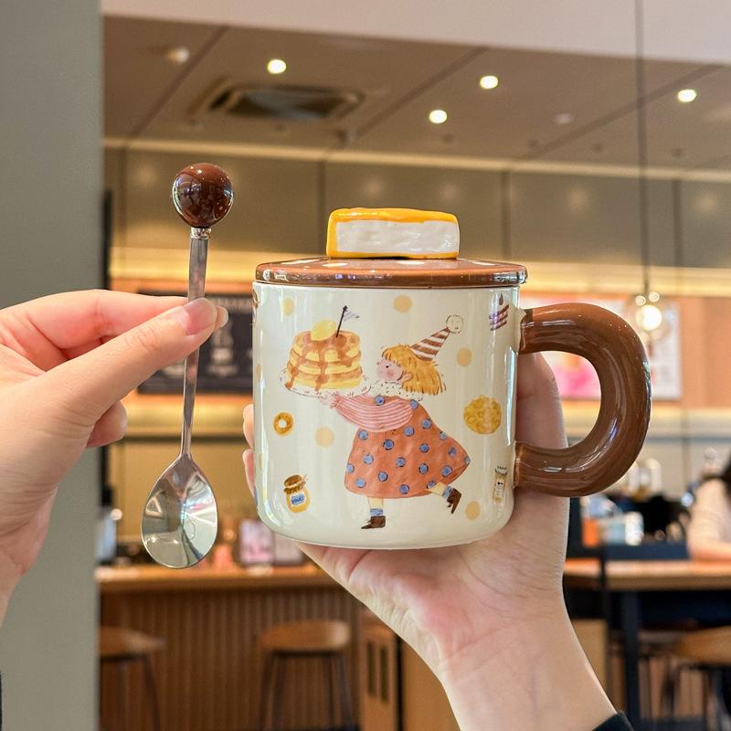 Милая кружка для торта фуфу с молоком, ретро керамическая чашка с крышкой, подарок на день рождения для девушки, сувенир для подруги