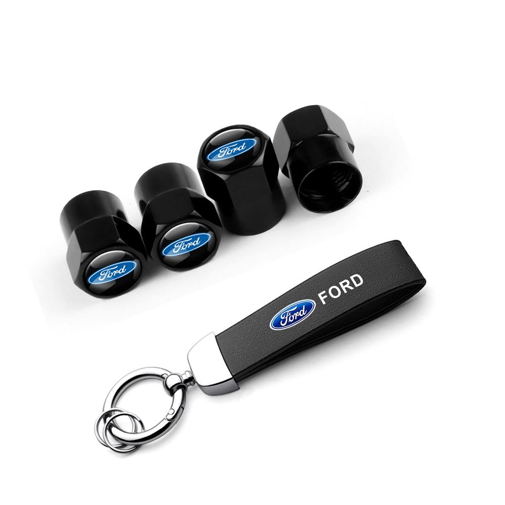 TQ013-Car Tire Valve Cover Wheel Protection Dust Caps Leather Keychain For Ford Fiesta Focus 2 Mk3 Mustang Ranger Kuga Mondeo Mk4 Edge