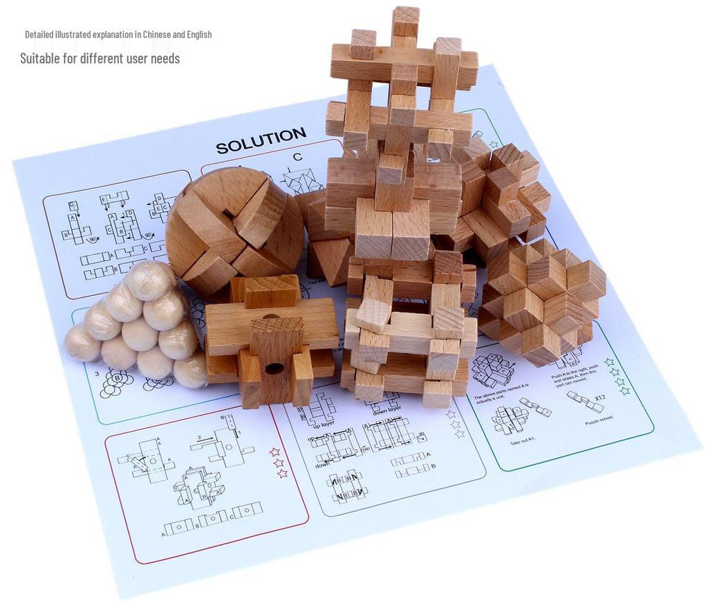 Wooden Kongming Lock 9-Piece Set: Educational Luban Puzzle Toys for Kids and Students