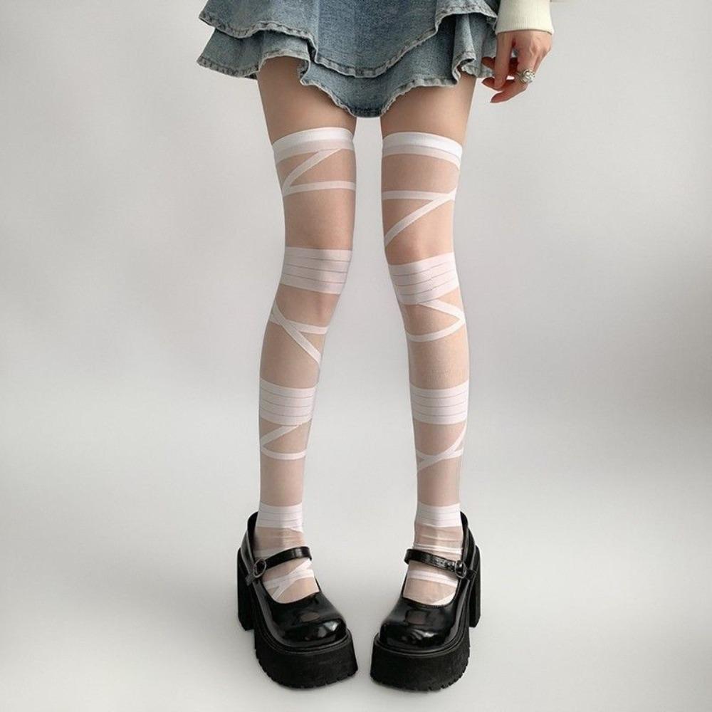Lolita JK Style High Tube Long Socks Nylon Above Knee Stocking Transparent Stripe Stockings  Summer
