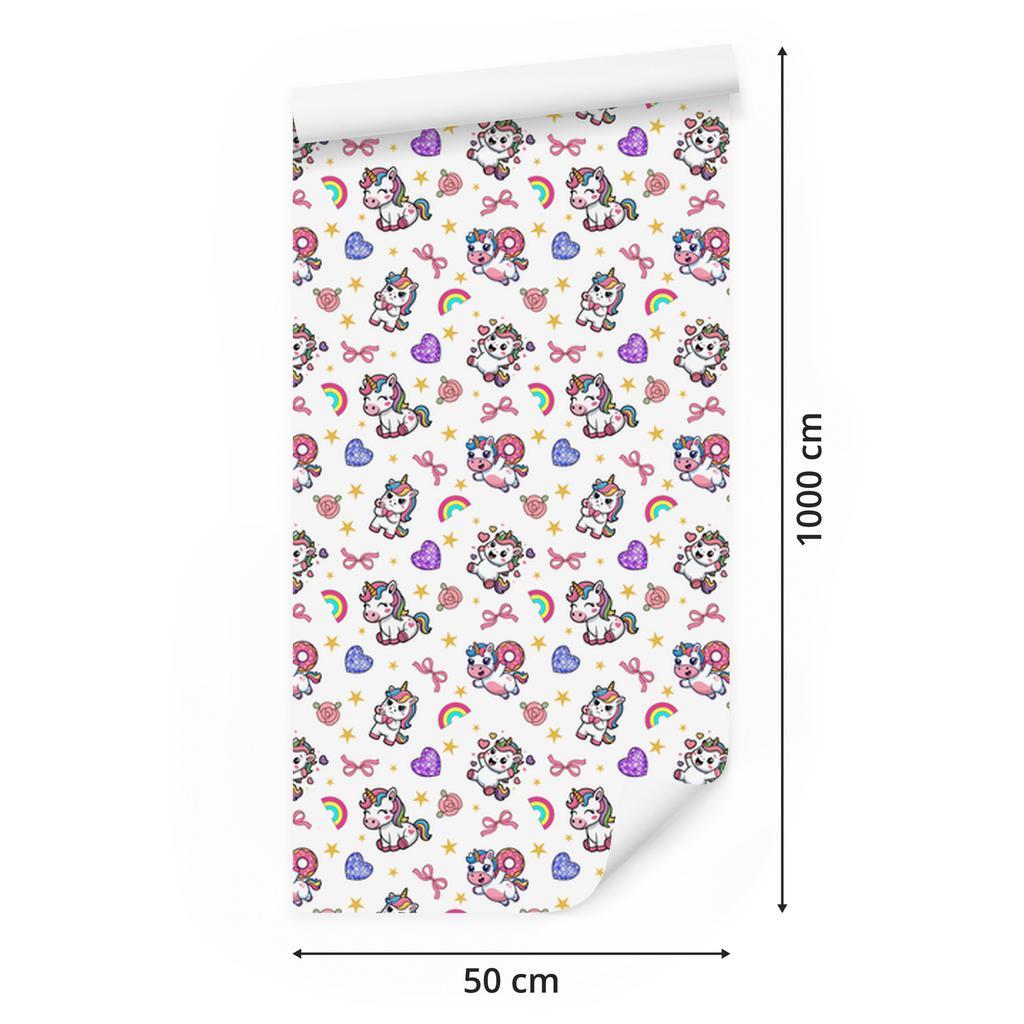 Unicorns wallpaper white, light gray, powder pink and coral 50x1000