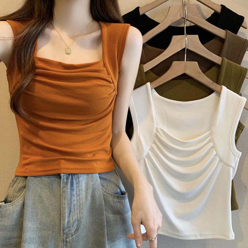 Модальный пикантный топ-майка с квадратным вырезом и сборками - Женский летний облегающий жилет