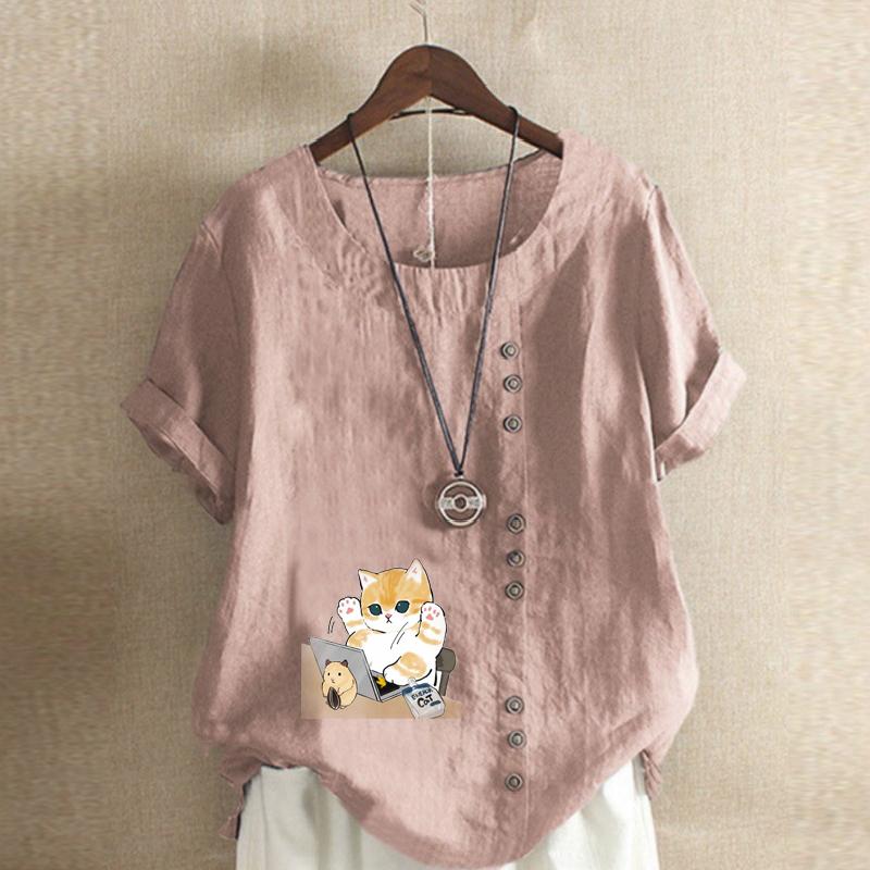 Женская модная футболка с круглым вырезом и коротким рукавом, повседневная хлопковая льняная рубашка с рисунком, свободная летняя блузка с милым мультяшным котом для отдыха, топы