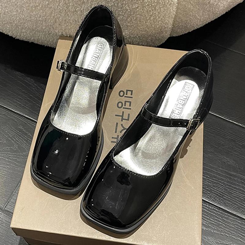 Fashion Rimocy Silver Thick Heels Mary Jane Shoes Women 2025 Buckle Strap Square Toe Pumps Woman Med Heele Patent Leather Shoes Female