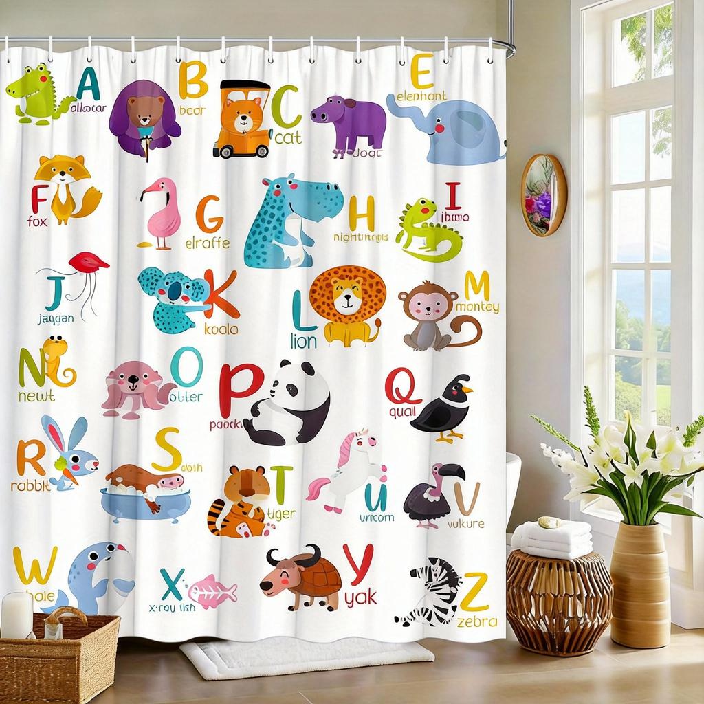 Animal Alphabet Shower Curtain Cute Cartoon Animals A-Z Print Polyester Bath Curtain With Hooks For Kids Bathroom Decor