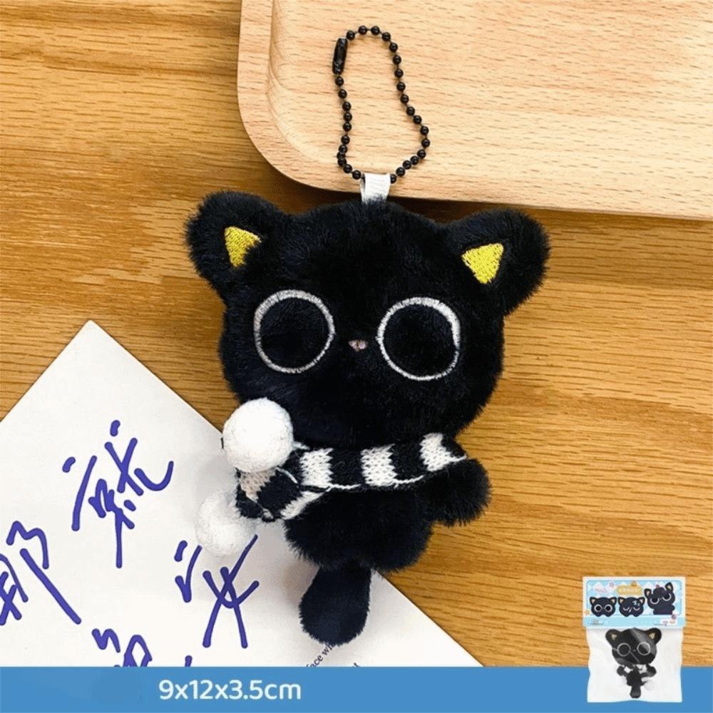 Stripe Scarf Black Cat Plush Keychain Soft Car Key Ring Doll Bag Pendant  School Bag Decoration