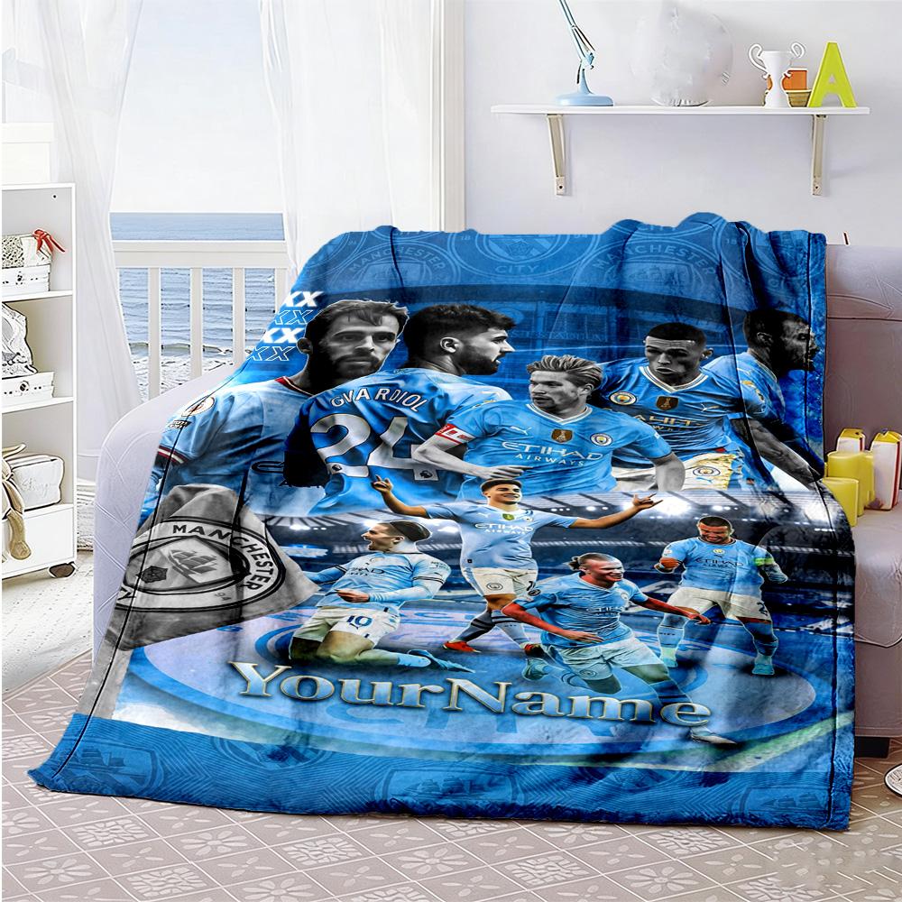 Manchester City Personalized Name Blanket Multi-purpose Customizable Blanket Soft Warm Cozy Perfect for Seaside Bed Home Decor Office Chair