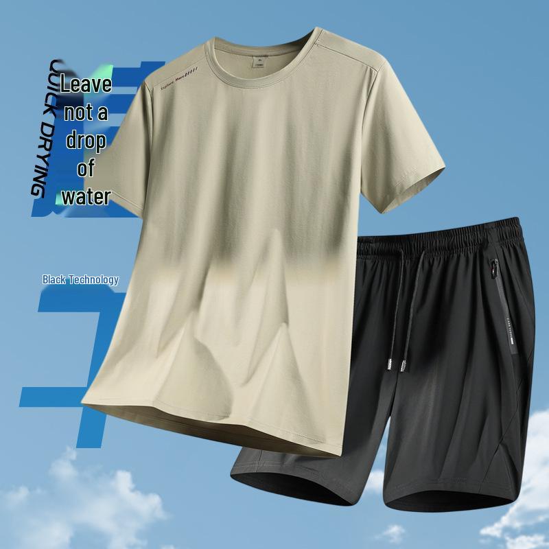 Men's Summer Ice Silk Sportswear: Cooling Short Sleeve T-Shirt & Quick-Dry Shorts, Plus Size Available