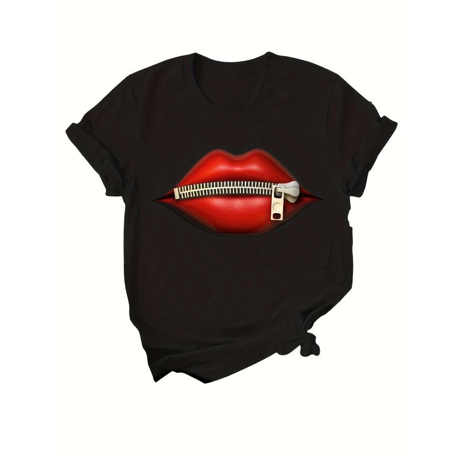 Футболка с принтом «губы» из хлопка, футболка с круглым вырезом и коротким рукавом, повседневные топы на каждый день, женская одежда