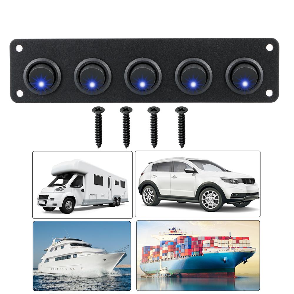 Круглая панель тумблеров-качалок для приборной панели 12-24В 5 клавиш Детали интерьера для автодома, лодки, яхты, морского автомобиля Морская Водонепроницаемая Синяя Светодиодная
