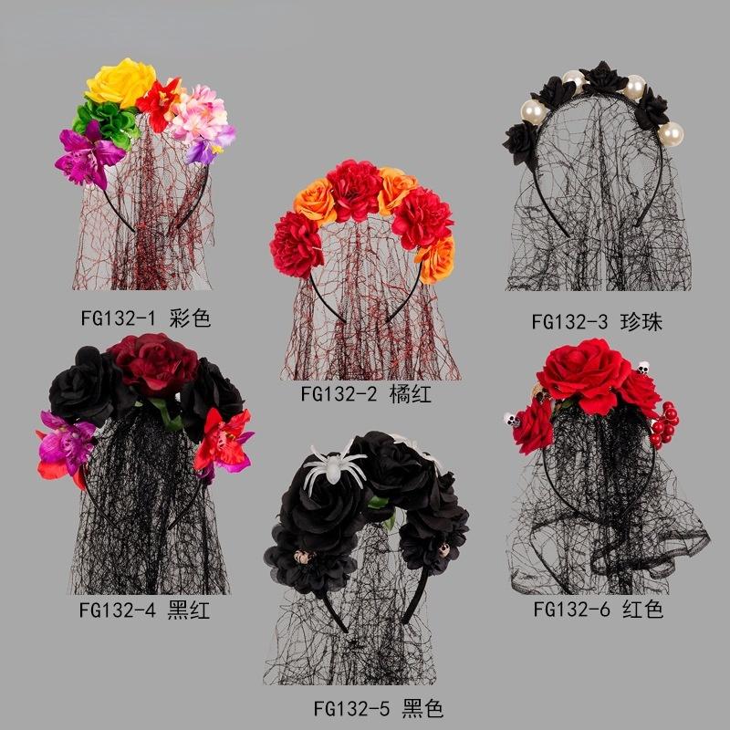 Имитация цветка повязка на голову женский головной убор цветок кружево с вуалью черная роза череп повязка на голову для вечеринки Хэллоуин день косплей подарок